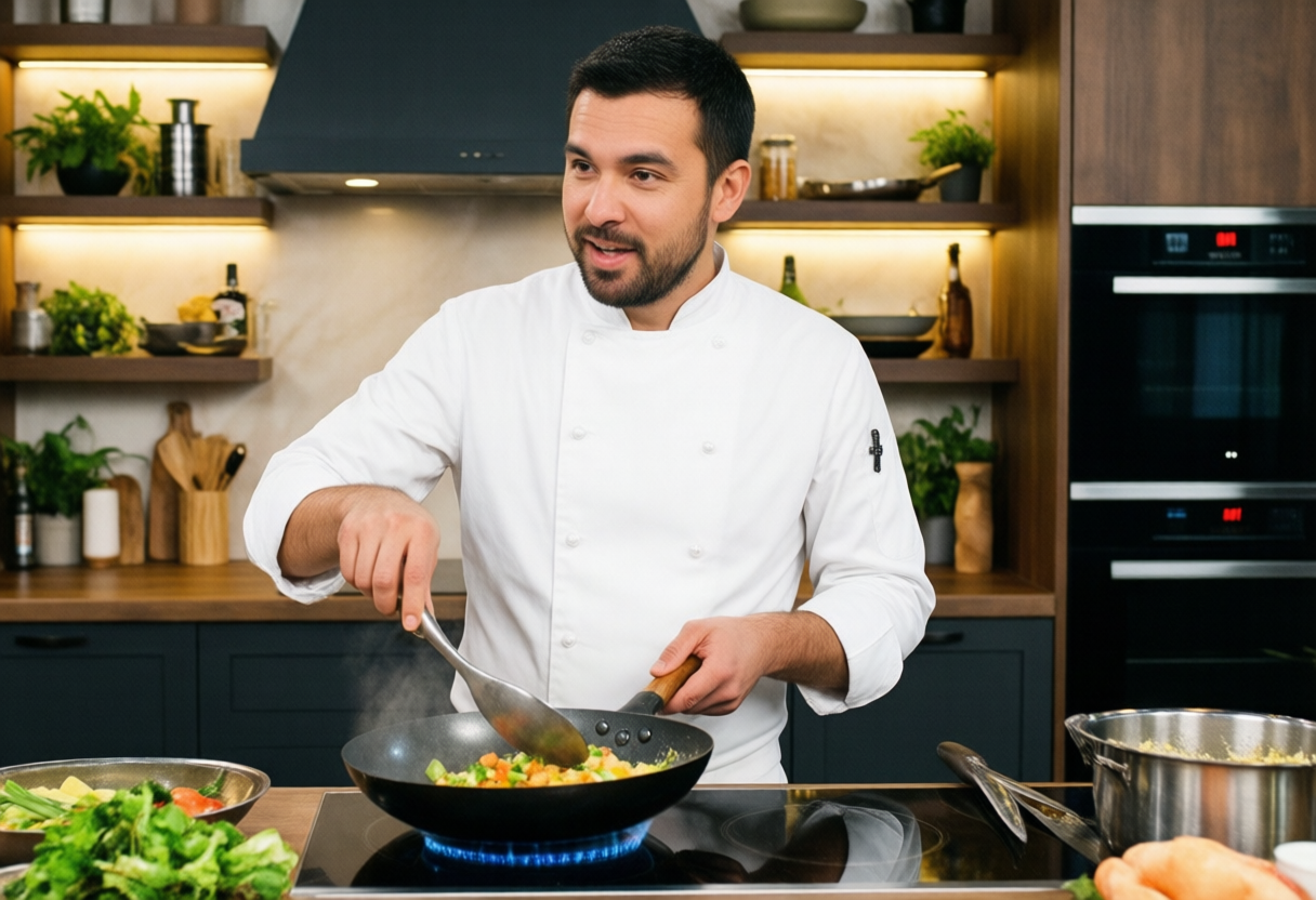 Chef preparando prato gourmet em cozinha profissional